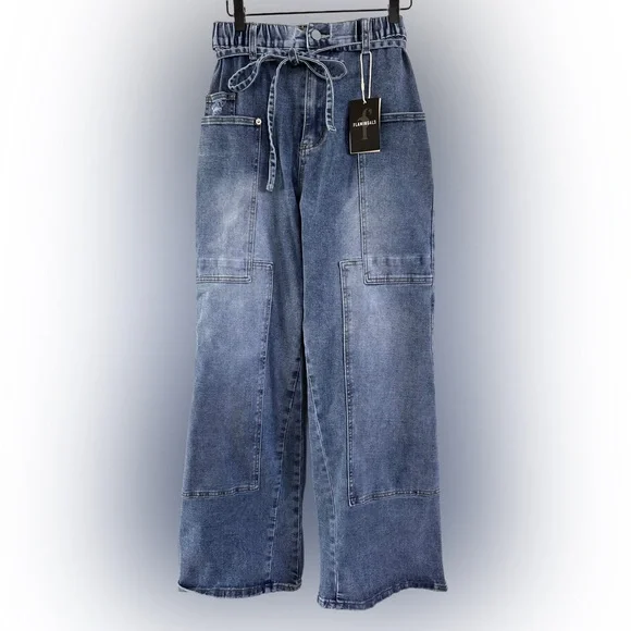 Denim Wide-Leg Jeans with Drawstring Waist - Picture 4 of 8